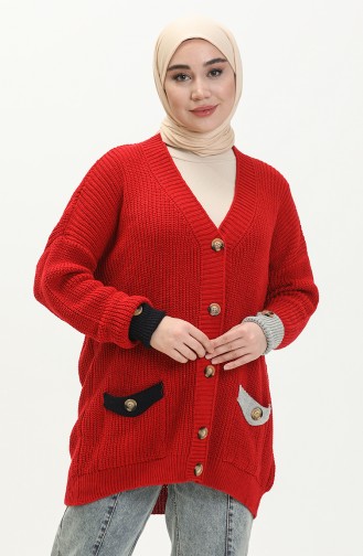 Trikot Strickjacke mit Knopf und Taschendetail 80054-09 Rot 80054 -09