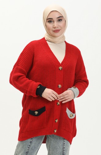 Cardigan Boutonné Tricot avec Poche 80054-09 Rouge 80054 -09