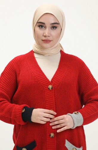 Cardigan Boutonné Tricot avec Poche 80054-09 Rouge 80054 -09