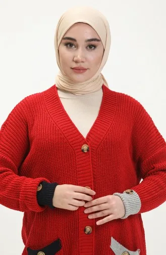 Trikot Strickjacke mit Knopf und Taschendetail 80054-09 Rot 80054 -09