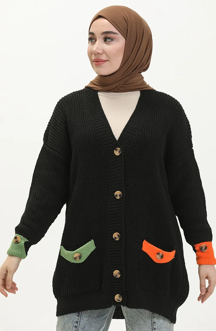 Cardigan Boutonné Tricot avec Poche 80054-11 Noir 80054 -11