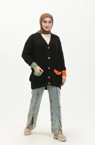 Cardigan Boutonné Tricot avec Poche 80054-11 Noir 80054 -11