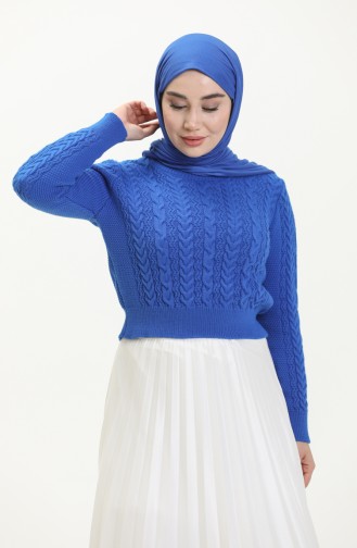Saç Örgülü Triko Kısa Kazak 22173-06 Saks