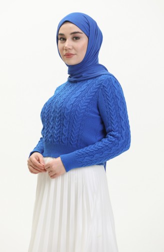 Saç Örgülü Triko Kısa Kazak 22173-06 Saks