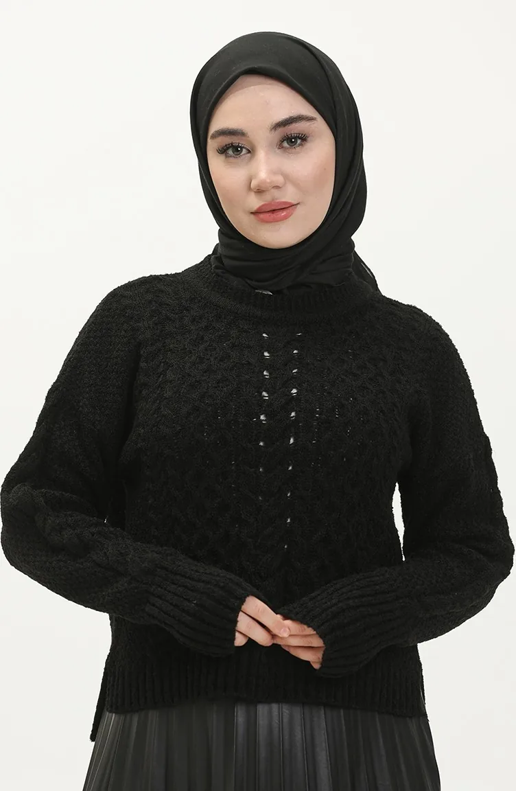 Triko Yanı Yırtmaçlı Kazak 4376-02 Siyah