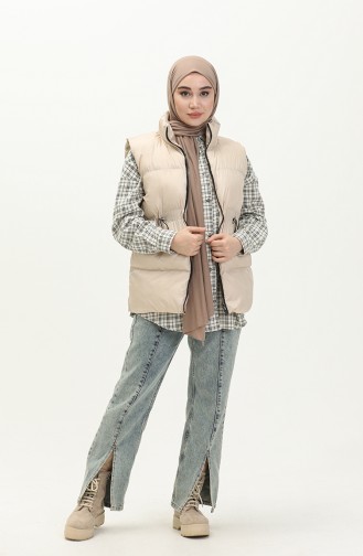 Shirred Waist Puffer Vest 9011-05 Beige 9011-05