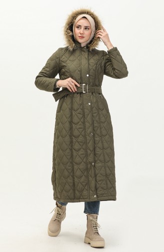 Fur Detailed Belted Quilted Coat 504223A-01 Khaki 504223A-01