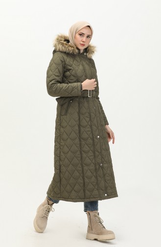 Fur Detail Belted Quilted Coat 504223A-01 Khaki 504223A-01