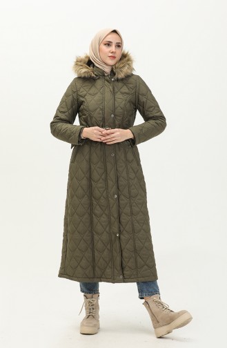 Fur Detail Belted Quilted Coat 504223A-01 Khaki 504223A-01