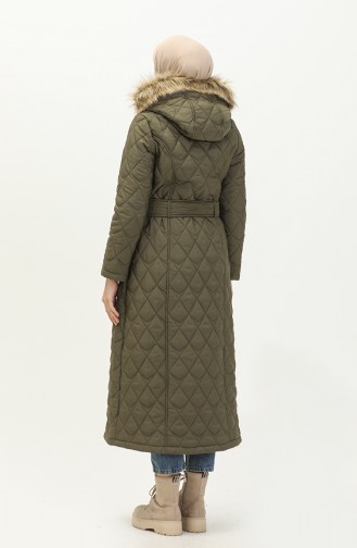 Fur Detailed Belted Quilted Coat 504223A-01 Khaki 504223A-01