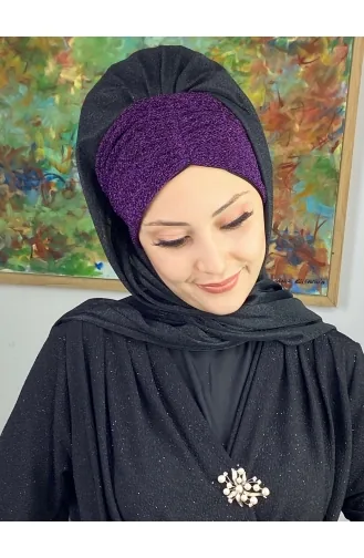 Çift Renkli Sultan Model Simli Şifon Büzgülü Şal ARA17ŞAL52-10 Siyah Mor