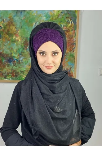 Çift Renkli Sultan Model Simli Şifon Büzgülü Şal ARA17ŞAL52-10 Siyah Mor