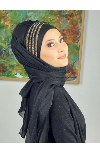 Doppelfarbiger Geraffter Schal Aus Glitzerndem Chiffon Sultan-Modell ARA17SHAL52-04 Schwarz Gold Gelb 17ŞAL52-04