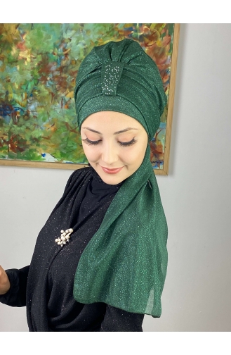 Hürrem Single Unit Glittered Scarf Bonnet 57ARA181222-13 Emerald Green 57ARA181222-13