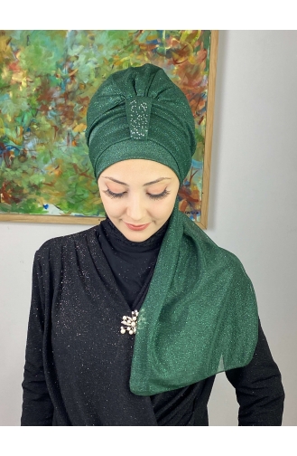 Hürrem Single Unit Glittered Scarf Bonnet 57ARA181222-13 Emerald Green 57ARA181222-13