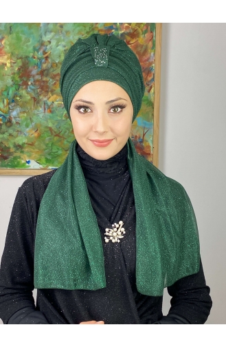 Hürrem Single Unit Glittered Scarf Bonnet 57ARA181222-13 Emerald Green 57ARA181222-13