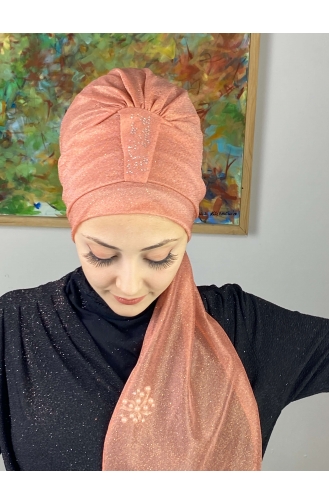 Hürrem Single Unit Glittered Scarf Bonnet 57ARA181222-01 Salmon 57ARA181222-01