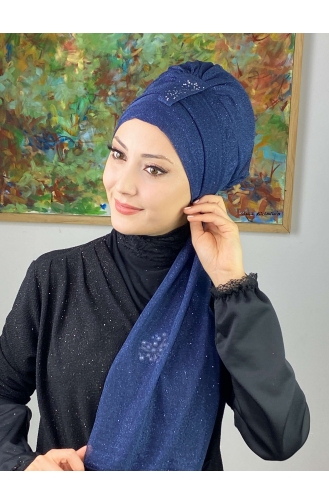 Hürrem Single Unit Glittered Scarf Bonnet 57ARA181222-02 Navy Blue 57ARA181222-02