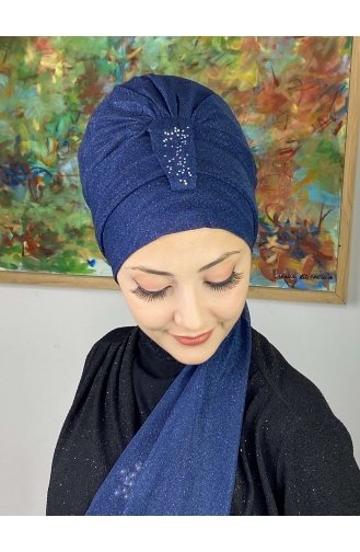 Hürrem Single Unit Glittered Scarf Bonnet 57ARA181222-02 Navy Blue 57ARA181222-02