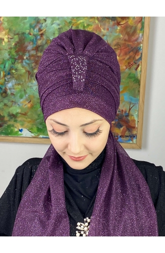 Hürrem Single Unit Glittered Scarf Bonnet 57ARA181222-05 Purple 57ARA181222-05