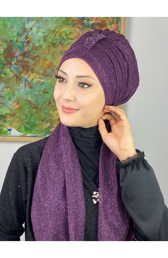 Hürrem Single Unit Glittered Scarf Bonnet 57ARA181222-05 Purple 57ARA181222-05