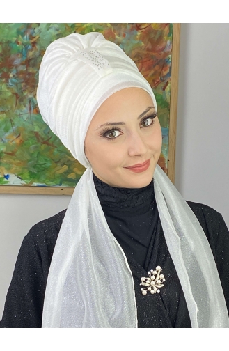 Hürrem Single Unit Glittered Scarf Bonnet 57ARA181222-06 White 57ARA181222-06