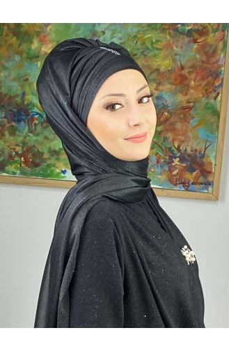 Pullu Model Simli Şifon Büzgülü Şal ARA17ŞAL63-01 Siyah