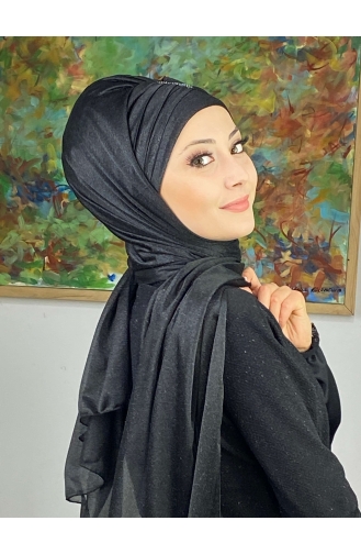 Pullu Model Simli Şifon Büzgülü Şal ARA17ŞAL63-01 Siyah
