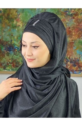 Pullu Model Simli Şifon Büzgülü Şal ARA17ŞAL63-01 Siyah