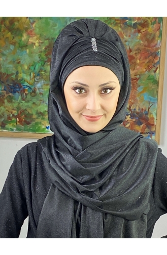 Pullu Model Simli Şifon Büzgülü Şal ARA17ŞAL63-01 Siyah