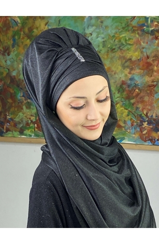 Pullu Model Simli Şifon Büzgülü Şal ARA17ŞAL63-01 Siyah