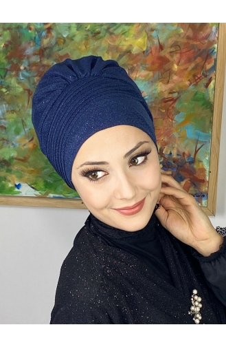 Bonnet Extérieur Drapé Sur Le Côté Argenté Modèle Saray 34ARA181222-11 Bleu Marine 34ARA181222-11