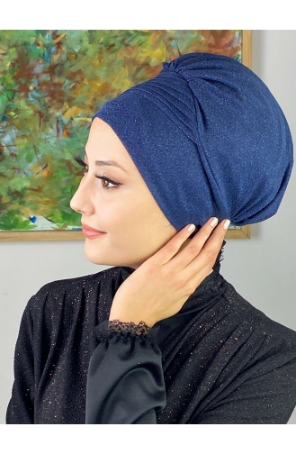 Bonnet Extérieur Drapé Sur Le Côté Argenté Modèle Saray 34ARA181222-11 Bleu Marine 34ARA181222-11
