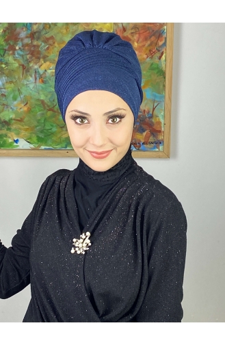 Bonnet Extérieur Drapé Sur Le Côté Argenté Modèle Saray 34ARA181222-11 Bleu Marine 34ARA181222-11