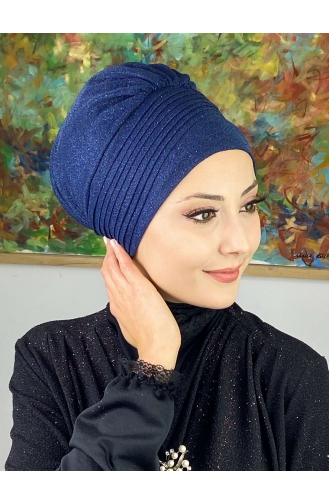 Bonnet Extérieur Drapé Sur Le Côté Argenté Modèle Saray 34ARA181222-11 Bleu Marine 34ARA181222-11