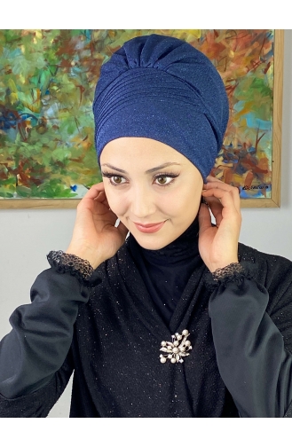 Bonnet Extérieur Drapé Sur Le Côté Argenté Modèle Saray 34ARA181222-11 Bleu Marine 34ARA181222-11