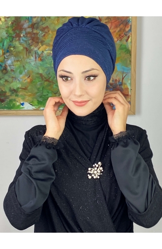 Bonnet Extérieur Drapé Sur Le Côté Argenté Modèle Saray 34ARA181222-11 Bleu Marine 34ARA181222-11