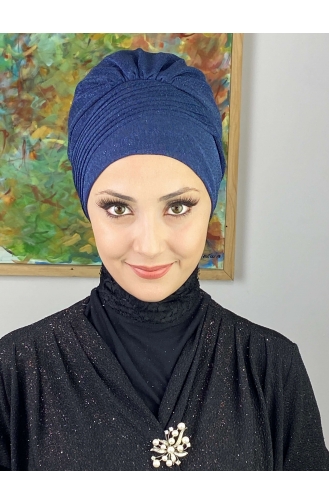 Bonnet Extérieur Drapé Sur Le Côté Argenté Modèle Saray 34ARA181222-11 Bleu Marine 34ARA181222-11