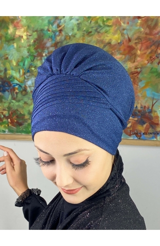 Bonnet Extérieur Drapé Sur Le Côté Argenté Modèle Saray 34ARA181222-11 Bleu Marine 34ARA181222-11