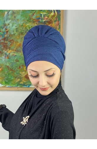 Bonnet Extérieur Drapé Sur Le Côté Argenté Modèle Saray 34ARA181222-11 Bleu Marine 34ARA181222-11