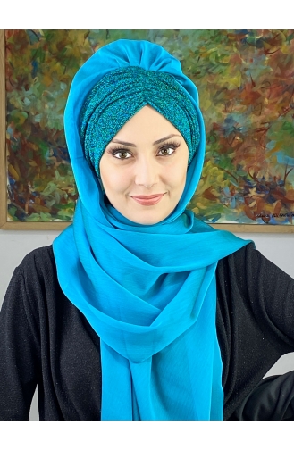 Sultan Model Fransız Şifon Büzgülü Şal ARA17ŞAL1-02 Camgöbeği