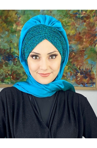 Sultan Model Fransız Şifon Büzgülü Şal ARA17ŞAL1-02 Camgöbeği
