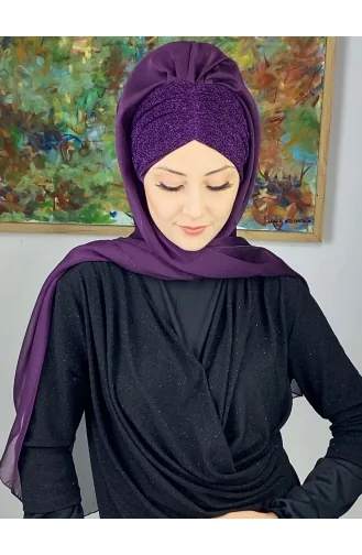 Sultan Model Fransız Şifon Büzgülü Şal ARA17ŞAL1-05 Mor