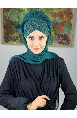 Sultan Model Fransız Şifon Büzgülü Şal ARA17ŞAL1-08 Zümrüt Yeşili