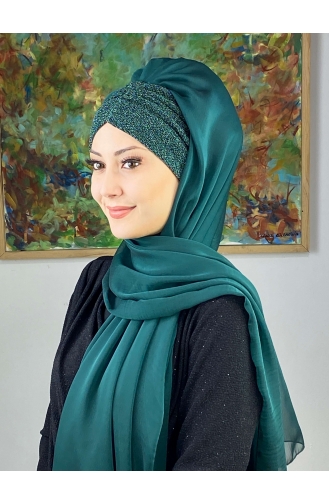Sultan Model Fransız Şifon Büzgülü Şal ARA17ŞAL1-08 Zümrüt Yeşili