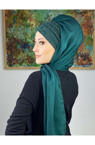 Sultan Model Fransız Şifon Büzgülü Şal ARA17ŞAL1-08 Zümrüt Yeşili