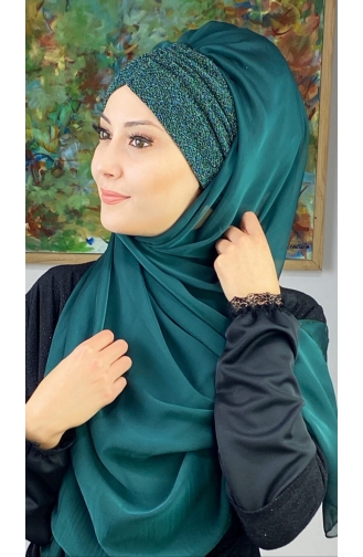 Sultan Model Fransız Şifon Büzgülü Şal ARA17ŞAL1-08 Zümrüt Yeşili