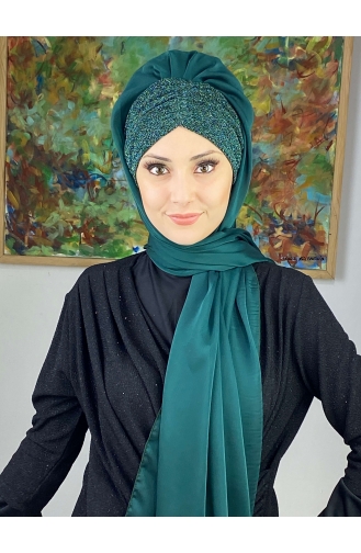 Sultan Model Fransız Şifon Büzgülü Şal ARA17ŞAL1-08 Zümrüt Yeşili