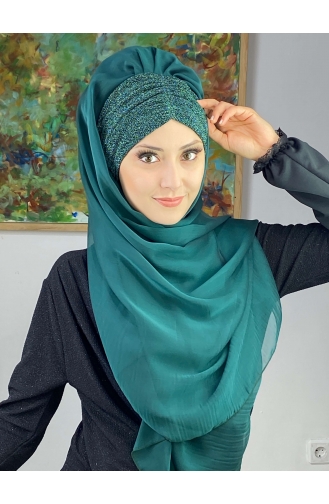 Sultan Model Fransız Şifon Büzgülü Şal ARA17ŞAL1-08 Zümrüt Yeşili