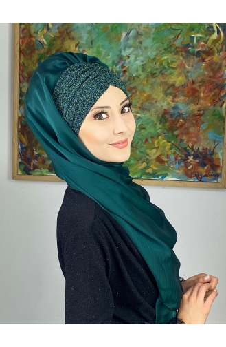 Sultan Model Fransız Şifon Büzgülü Şal ARA17ŞAL1-08 Zümrüt Yeşili